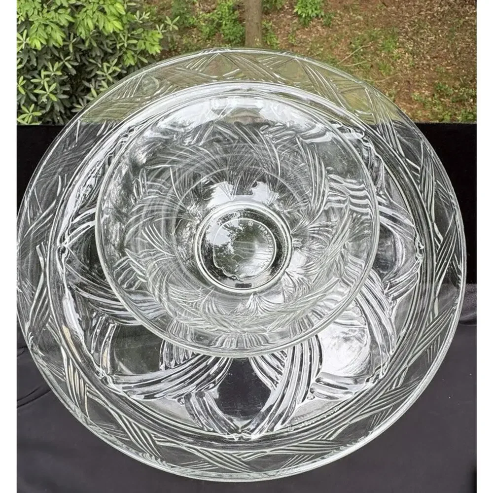 Vintage Anchor Hocking Glass Chip Dip Set Or Flip Cake Stand Swirl Pattern 5/31